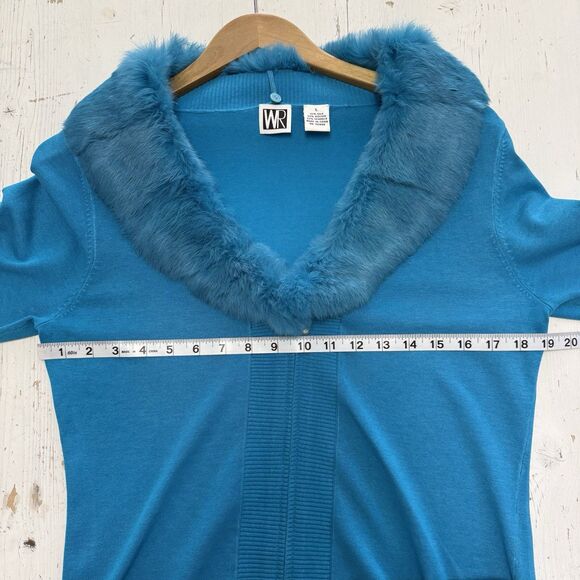 VTG WR Cardigan L 90s Y2K Silk Blend Fur Trim Sweater Turquoise Diamanté Zip-Up - Picture 7 of 9